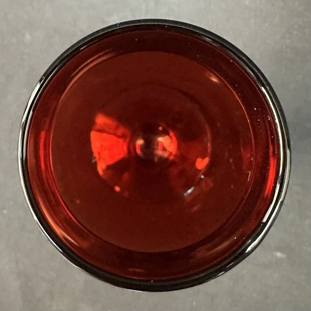 Anchor Hocking Royal Ruby Depression Glass Apothecary Jar With Clear Pedestal.